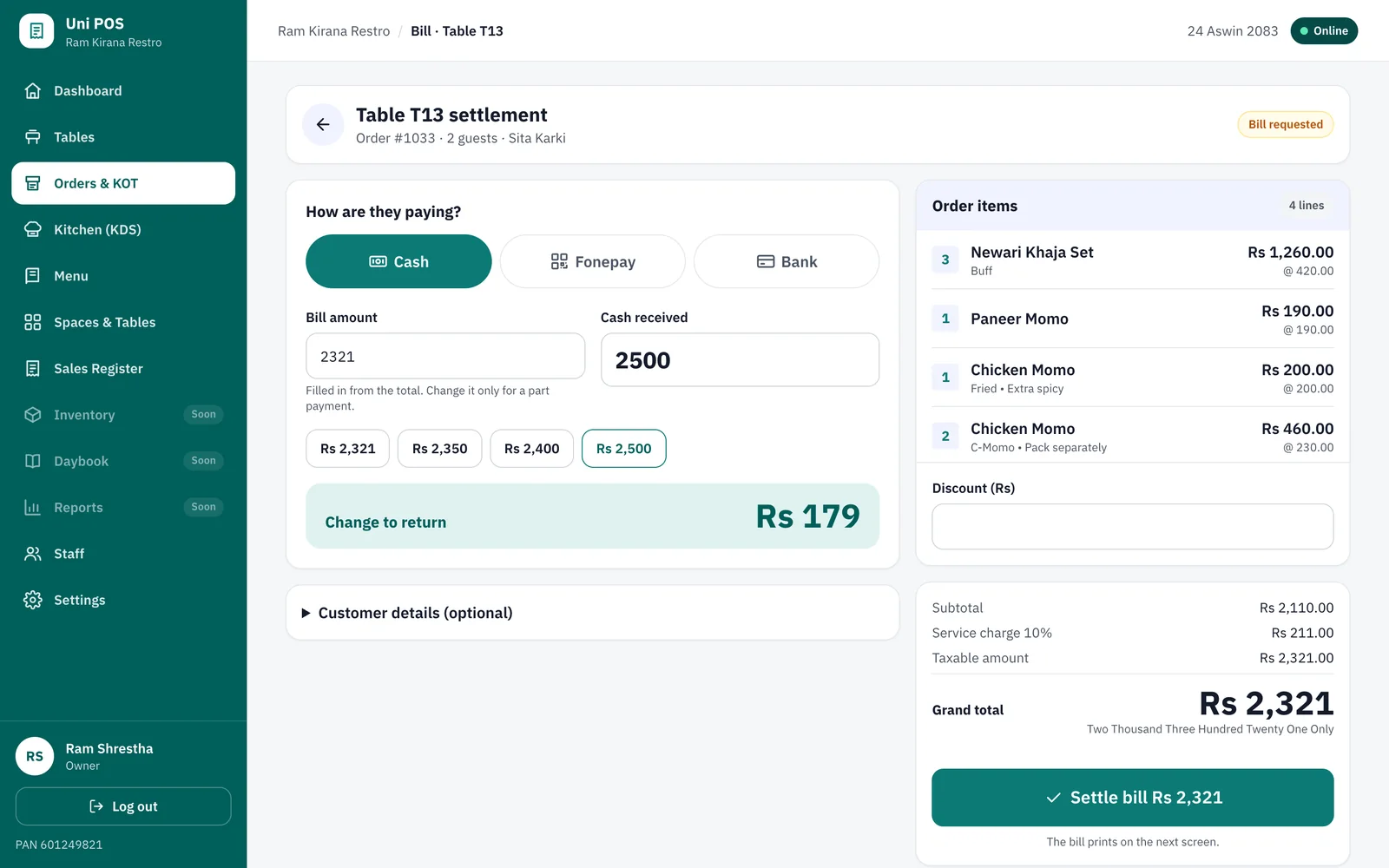 Bill and split payment screen