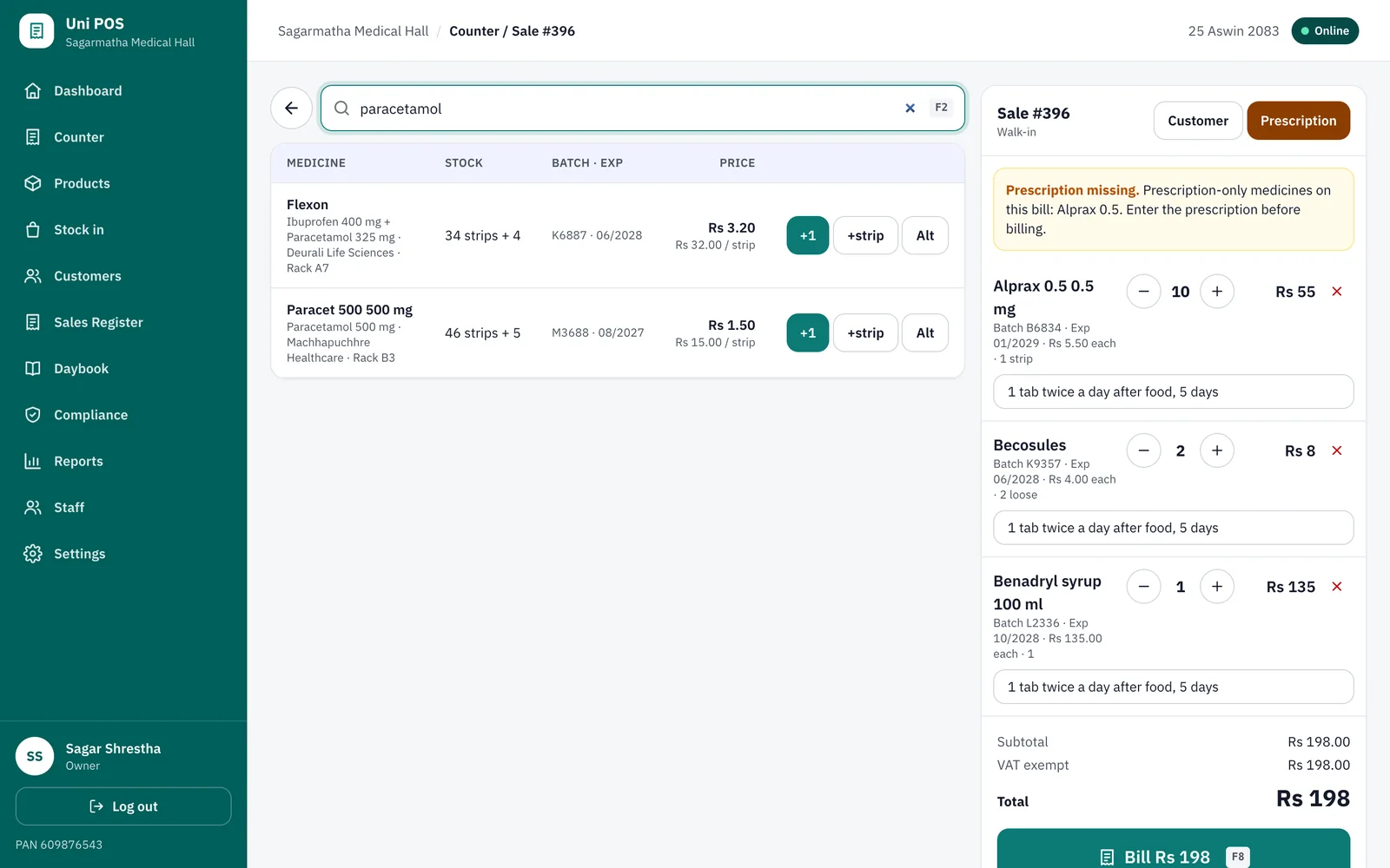 Pharmacy counter with medicine search, batch and expiry per line and the prescription panel