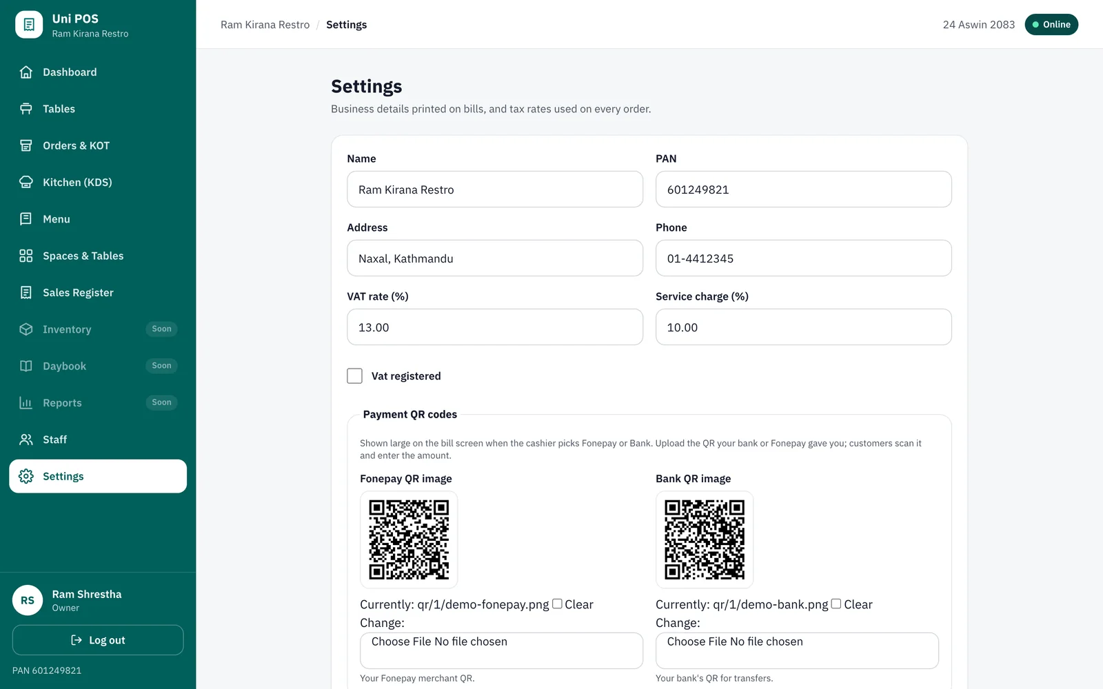 Business settings with PAN, tax rates and modules